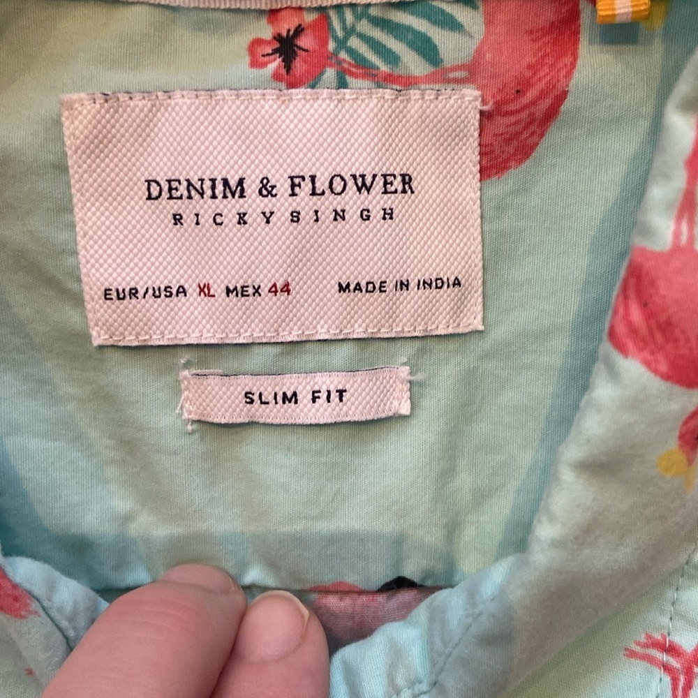 Denim & Flower light turquoise/sea green? flamingo button up size XL slim fit - Picture 8 of 10